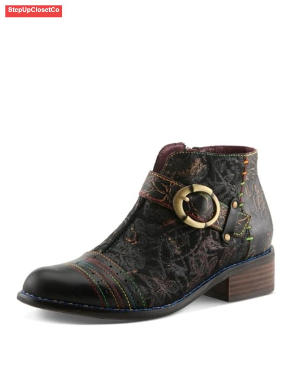 Hand-Painted Leather Ankle Booties Zip Buckle Stacked Heel